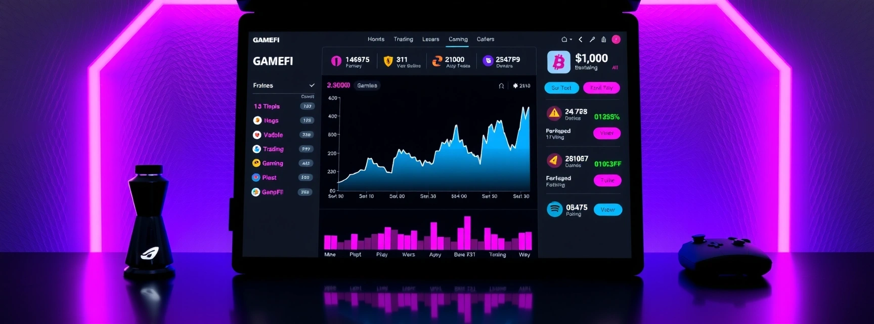 Futuristic GameFi trading interface showing NFT assets, cryptocurrency charts, and gaming elements combined